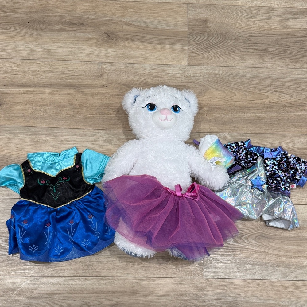 Build a bear white “Elsa” bear with outfits